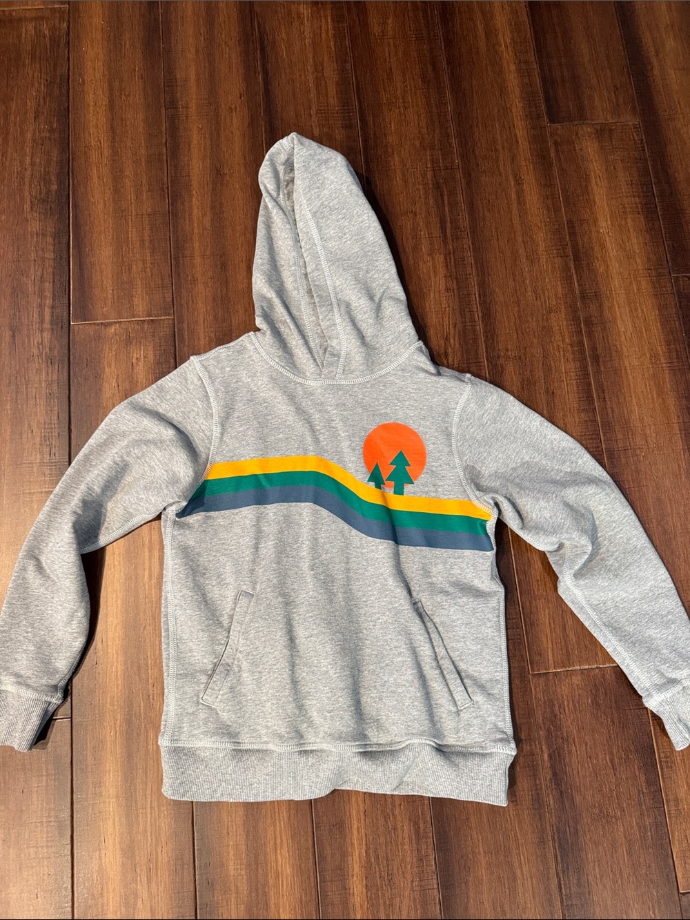 Hanna Andersson Gray Hoodie with Orange Sun and Multicolor Stripes